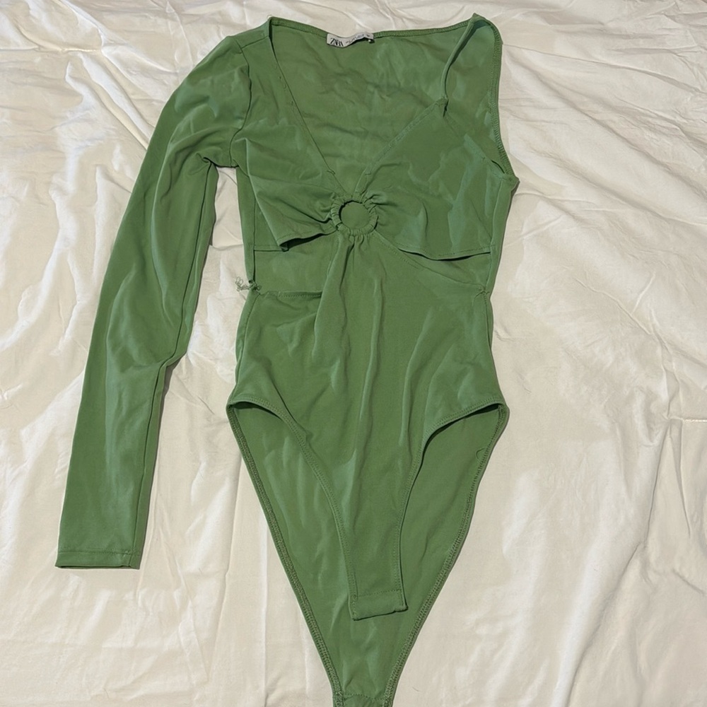 Green Zara asymmetrical bodysuit.